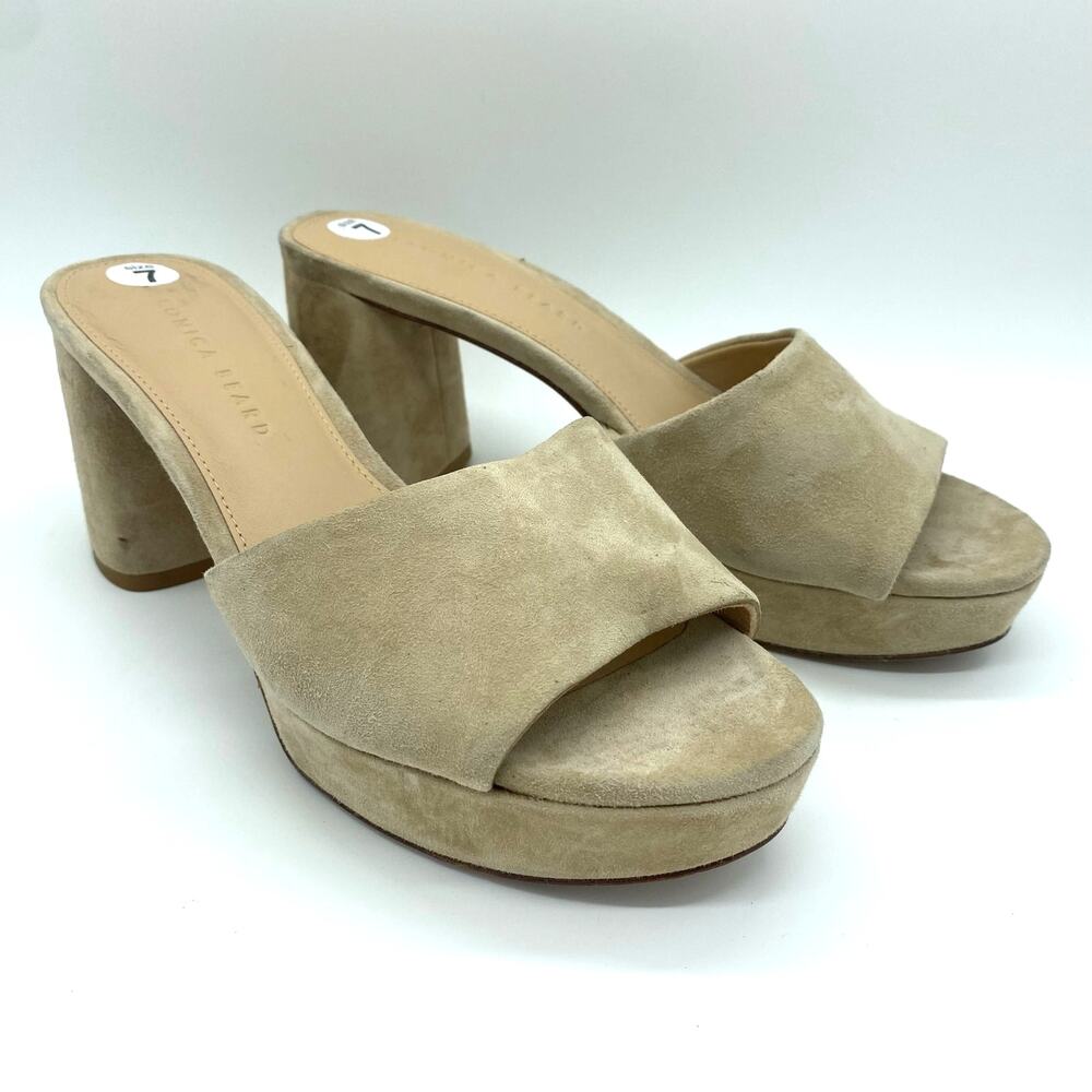 Veronica Beard Tan Suede Dali Strappy Peep Toe Chunky Heel Sandals Women size 7